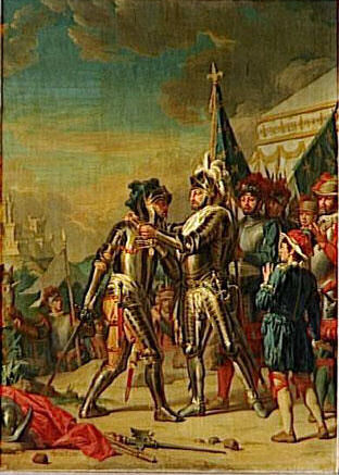 Henri II de France remet sa propre écharpe de l'Ordre de Saint-Michel à Gaspard de Saulx - Peinture de Nicolas Guy Brenet - Musée de Versailles